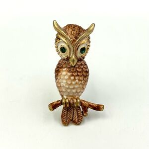 Vtg Castlecliff Owl Brooch Pin Enamel Gold Tone Green Rhinestone Eyes Jewelry